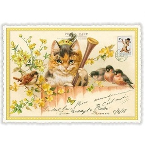 ミュージカルキャット ファゴット ドイツ 製 ポストカード 三毛猫 ラメ グリーティングカード 絵はがき アンティーク調 ねこ パタミン