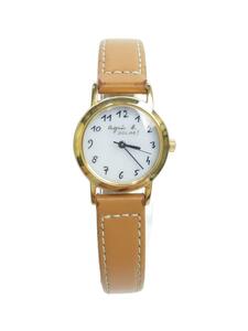 agnes b.*V117-0AT0/ solar wristwatch / analogue / leather / white / Camel 