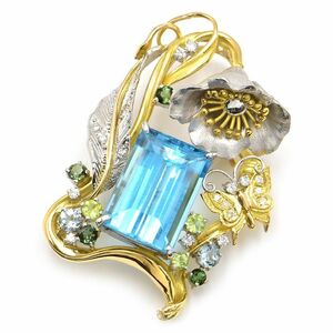  Yamamoto genuine .19.66ct blue topaz brooch K18YG Pt900 total 0.24ct diamond total 1ct multicolor stone pendant head 2WAY used free shipping 