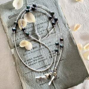 Art hand Auction Handmade*Freshwater Pearl Baroque Swarovski Crystal Glass Beads Glasses Chain Mask Chain Navy Purple No.1901, handmade, Accessories (for women), others