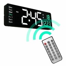 【vaps_6】16インチ大画面 LED 壁掛け時計 置き時計 USB電源 リモコン付 光感知機能 日付 温度表示 グリーン 送込_画像1