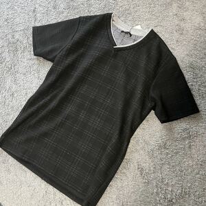 メンズ♪m.f.editorial★シャドーチェックファンクションVネックTシャツ黒L★新品43