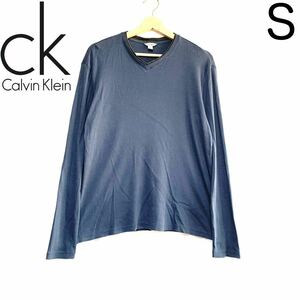 輸入古着 Calvin Klein カルバンクライン リブ編ニット ロンT Vネック ブルー