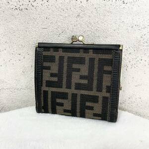 【贅沢品の極み】FENDI フェンディ 折り財布 カードケース　コインケース　ズッカ　キャンバス　総柄　レザー　本革　ブラウン がま口 