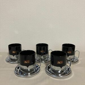 昭和レトロ　金属ホルダー付き　陶器製　カップ＆ソーサー　5客★レトロ雑貨　当時物　インテリア　喫茶店★お洒落★