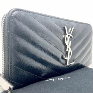 【極美品】SAINT LAURENT サンローラン 長財布 ラウンドジップ キャビアスキン YSL Vステッチ カサンドラ シボ革 ロゴ ブラック メンズ 黒