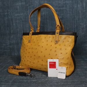 ★１円スタート★ オーストリッチ 2way ショルダー ハンドバッグ ダチョウ genuine ostrich 駝鳥 エキゾチックレザー 1スタ イエロー 