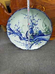 古和食器 古伊万里 染付 青花 大皿 飾り皿 経年保管品 骨董 41.5cm