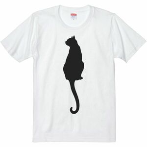 猫シルエット（後ろ姿）/半袖Ｔシャツ/メンズM/白・新品・メール便 送料無料