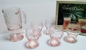 昭和レトロ 東洋ガラス TOYO GLASSWARE シャンゼリゼジュースセットピンク ハート柄 ガラスコップ×5 デキャンタ×1 可愛い キッチン雑貨