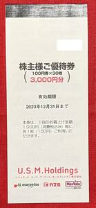 USMH　ユナイテッドスーパーマーケット　株主優待券　3000円分（100円券×30枚）1冊　マルエツ　カスミ　期限：2023/12/31　送料無料　BF