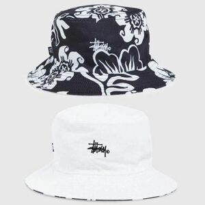 【即決】美品 ステューシー バケットハット STUSSY Hawaiian Reversible Bucket Hat バケハ リバーシブル 帽子 男女兼用 白黒 ハット