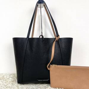 アルマーニエクスチェンジ ARMANI EXCHANGE リバーシブル ポーチ付き ロゴ トートバッグ 肩掛け PC&A4◎ ビジネス メンズ レザー 黒 茶