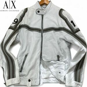希少XL相当●アルマーニ ライダースジャケット ブルゾン ARMANI ナンバー刺繍 メタルボタン 伊製 コットン パイピング ホワイト 白