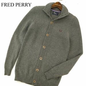 FRED PERRY フレッドペリー 秋冬 ロゴ刺繍★ スケールド ピケ ファネル ウール100％ ニット カーディガン Sz.S　メンズ 灰　C3T10023_B#K