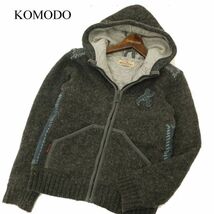 ネパール製★ KOMODO kathmandu コモド ワッペン ウール100％★ ステッチ フーディー ニット パーカー Sz.2　メンズ グレー　C3T10246_B#K_画像1