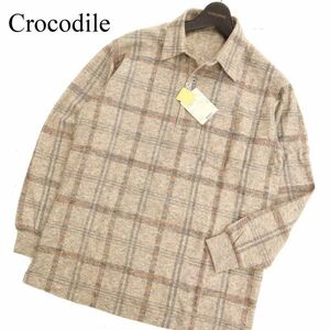 【新品 未使用】 Crocodile クロコダイル 秋冬 ウール★ 長袖 チェック ニット ポロシャツ Sz.M　メンズ ベージュ 日本製　C3T09615_A#B