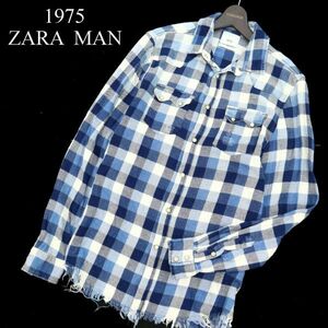 ZARA MAN 1975 ザラ マン 秋冬 ダメージ加工★ カットオフ 長袖 ウエスタン チェック ネル シャツ Sz.M　メンズ ネイビー　C3T10558_B#N