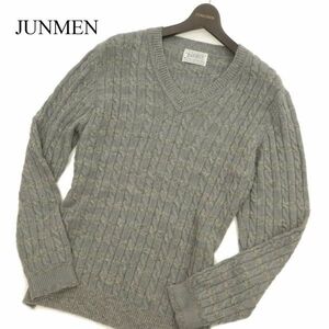 JUNMEN ジュンメン 秋冬 ウール混★ ケーブル Ⅴネック ニット セーター Sz.L1　メンズ グレー　C3T10651_B#K