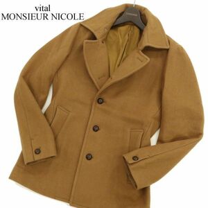 vital MONSIEUR NICOLE ムッシュ ニコル 牛革使い 日本製生地★ メルトン ウール シングル Pコート Sz.46　メンズ キャメル　C3T10644_B#N