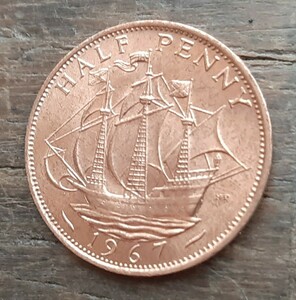 イギリス 英国 ハーフペニーコイン1967年 船デザイン直径25.5mm。重さ5.70g。宜しくお願いします#イギリス #英国 #ハーフペニーコイン