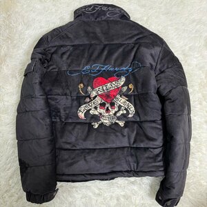 1円〜　希少　Ed hardy by Christian Audigier エドハーディー　ダウンジャケット　中綿　ブラック　バックプリント　サイズM　