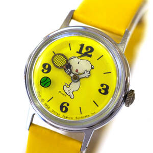 整備済 稼働 スヌーピー 1970年代 機械式手巻き 腕時計 新品ベルト 希少レア TIMEX タイメックス Snoopy テニス イエロー 黄色文字盤