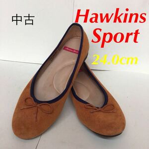 【売り切り!送料無料!】A-333 Hawkins sport!パンプス!ぺたんこ!24.0cm!オレンジ!ネイビー!リボン!かわいい!おしゃれ!中古