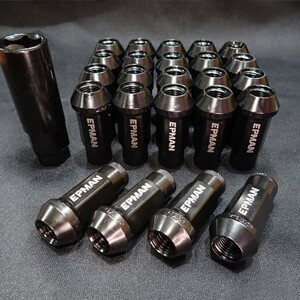 ホイールナット 24個 ブラック 黒 M12×P1.5 ハイエース 貫通 スチール 17HEX 48mm 6穴 ロング カスタムナット エアバルブキャップ付き