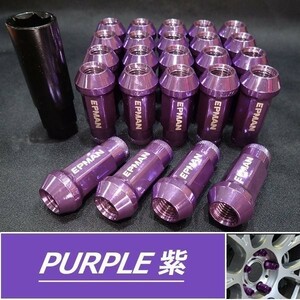 ホイールナット 24個 パープル 紫 M12×P1.5 ハイエース 貫通 スチール 17HEX 48mm 6穴 ロング カスタムナット エアバルブキャップ付き