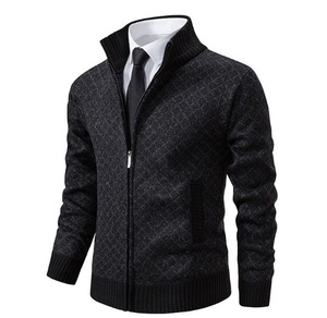 カーディガン 新品 ニット セーター メンズ カットソー スタンドカラー ファスナー チェック柄 紳士 アウター 黒/XLサイズ