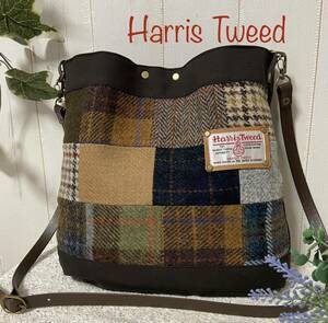 再出品★Harris Tweed★ハリスツイード★Bタイプ(大きめ)★茶系★色々パッチ＆焦げ茶生地★ショルダーバッグ