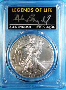 ★★ 最高鑑定 シルバーイーグル 2021年 T-1 NBAレジェンド Alex English 直筆サイン １$ .999銀貨 PCGS MS70 Last Day ★★