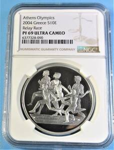 ★★ 稀少 ギリシャ 2004年 オリンピック－リレー 10E 34g .925銀貨 NGC PF69UCAM ★★