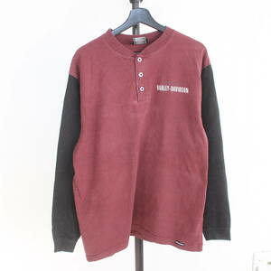 q606 90sビンテージ USA製 ヘンリーネック 長袖Tシャツ HARLEYDAVIDSON ハーレーダビッドソン■1990年代製 表記Mサイズ モーターサイクル