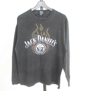 d811 2005年製 JACKDANIELs ジャックダニエル 長袖Tシャツ■00s 表記Lサイズ ブラック 袖プリント ファイヤーパターン 古着 アメカジ ロンT