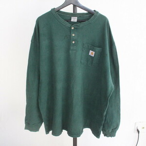 r486 2000年代製 カーハート Carhartt ヘンリーネック長袖Tシャツ■00s 表記2XLサイズ グリーン ポケT ロンT 古着 アメカジ ストリート 90s