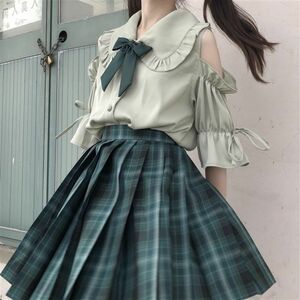 新品 半袖 JK 制服 肩出し フリル セット ブラウス チェック スカート コスプレ 病みかわいい 6L 大きいサイズ