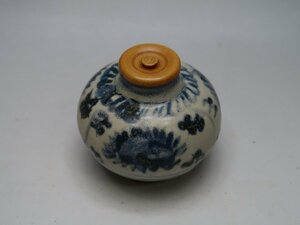 【青】110122青花染付茶入　小壷　安南　花草文絵　中国明時代美術焼物