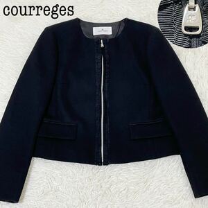 クレージュ　ノーカラージップジャケット　レース　ブラック　size38 courreges ロゴ　セレモニー　フォーマル　レース　フリル