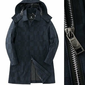 新品 ブラックレーベル クレストブリッジ シャドー チェック ステンカラー コート M 紺 【J42047】 メンズ フード フーデット バルカラー