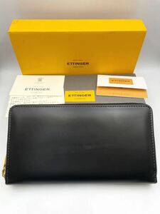 未使用品 定価99000円 エッティンガー ROUND ZIP PURSE 長財布 ブラック× イエロー ブライドルレザー メンズ 二つ折り財布 コインケース