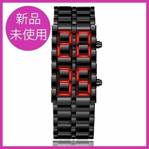 *未使用品*男性用ブラックメタル調腕時計，赤色LEDディスプレイ【Y628】