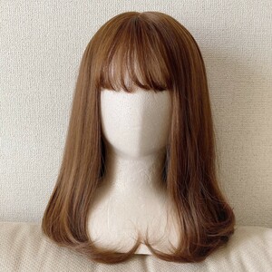 美品　ミディアム　フルウィッグ　ウイッグ　オレンジブラウン　wig　耐熱