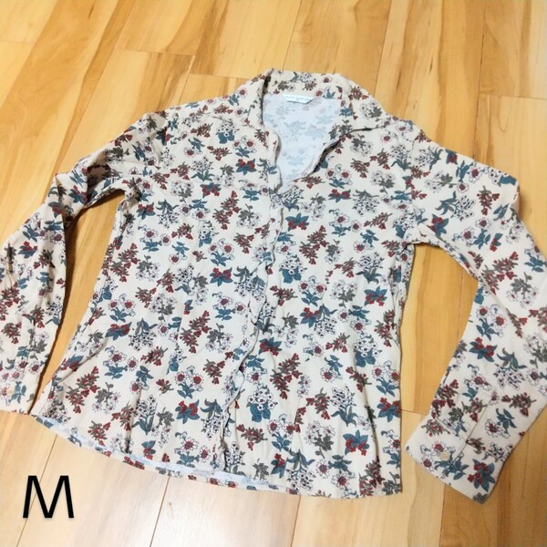 コーデュロイシャツ 胸囲~約79cm 綿100% 長袖 レディースM クリームx花柄