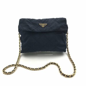 1円 PRADA プラダ ナイロン ロゴプレート チェーン トート ショルダー バッグ ネイビー GM11895