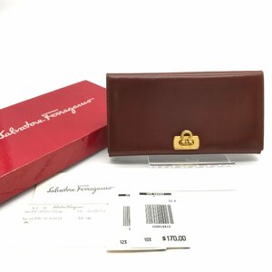 1円 美品 Ferragamo フェラガモ レザー ガンチーニ 二つ折り 長財布 ボルドー K593