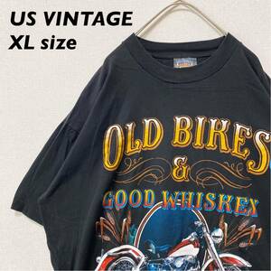 US古着　半袖Tシャツ　ビッグプリント　バイク　男女兼用　黒色　XLサイズ　大きいサイズ　ユニセックス　ブラック　プリントロゴ