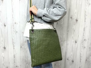 極美品 BOTTEGA VENETA ボッテガヴェネタ イントレチャート トートバッグ ショルダーバッグ バッグ レザー 緑 A4収納可 メンズ 65548