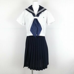 1円 セーラー服 スカート スカーフ 上下3点セット 160 夏物 白3本線 女子 学生服 埼玉川越西高校 白 制服 中古 ランクB NA1478